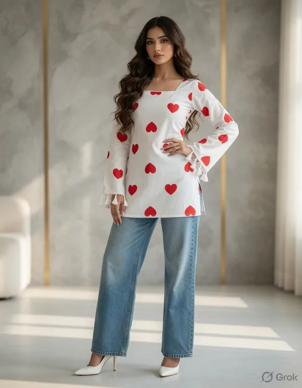 White_And_Red_Cotton_Heart_Print_Lace_Trim_Long_Sleeve_Kurta_For_Women