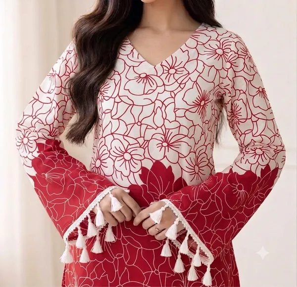 Red_And_White_Cotton_Floral_Print_Tassel_Detail_Kurta_For_Women