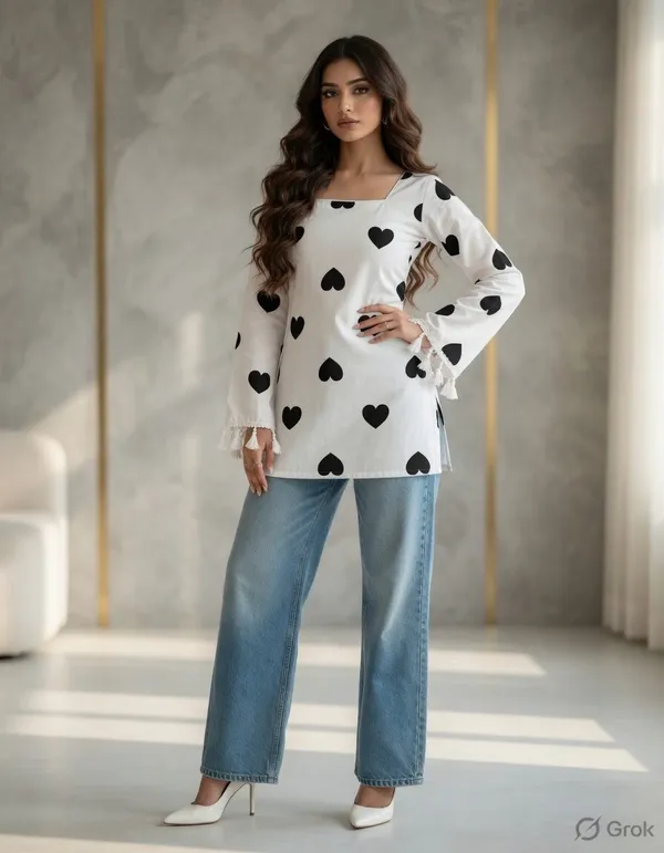 White_And_Black_Cotton_Heart_Print_Square_Neck_Kurta_For_Women