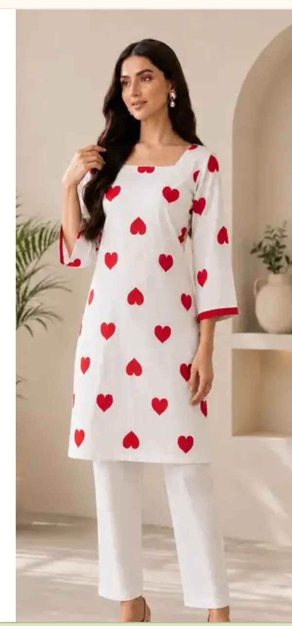 White_And_Red_Cotton_Heart_Print_Three-Quarter_Sleeve_Kurta_For_Women