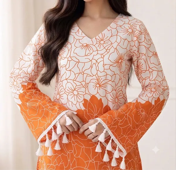 Orange_And_White_Cotton_Floral_Print_V-Neck_Tassel_Kurta_For_Women