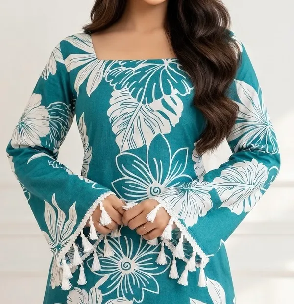Teal_Cotton_Floral_Print_Kurti_For_Women