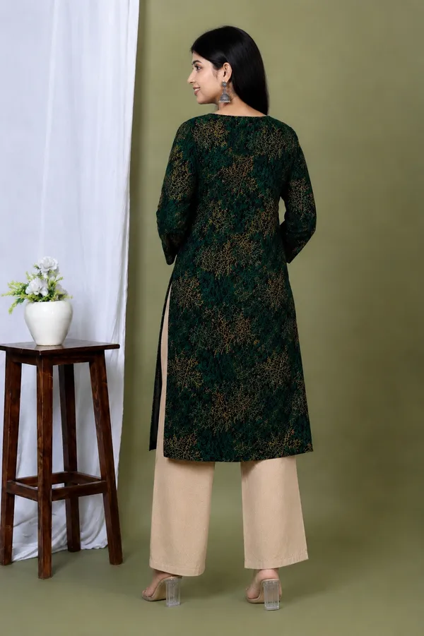 Green_And_Gold_Cotton_Printed_V-Neck_Tunic_Kurta_For_Women