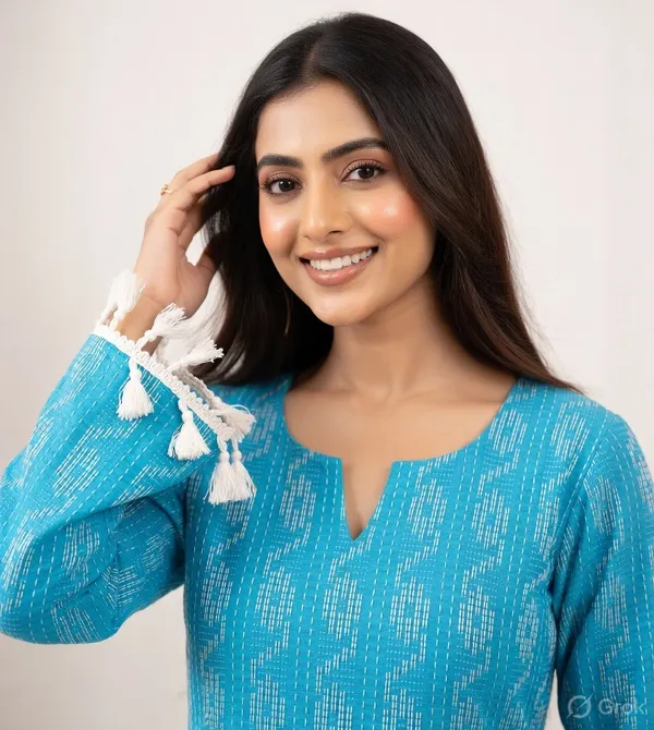 Turquoise_Cotton_Textured_Tassel_Detail_Kurta_For_Women