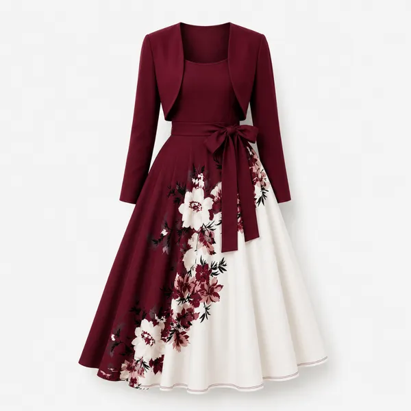 Elara_Elegant_2_Piece_Womens_Maroon_Cardigan_Jacket_Floral_Suspender_Dress_Set