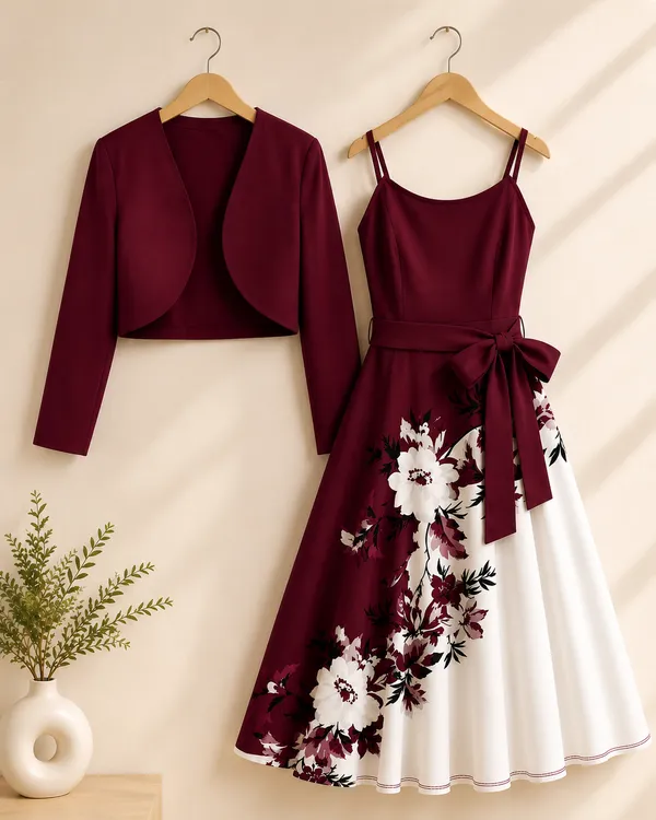 Elara_Elegant_2_Piece_Womens_Maroon_Cardigan_Jacket_Floral_Suspender_Dress_Set