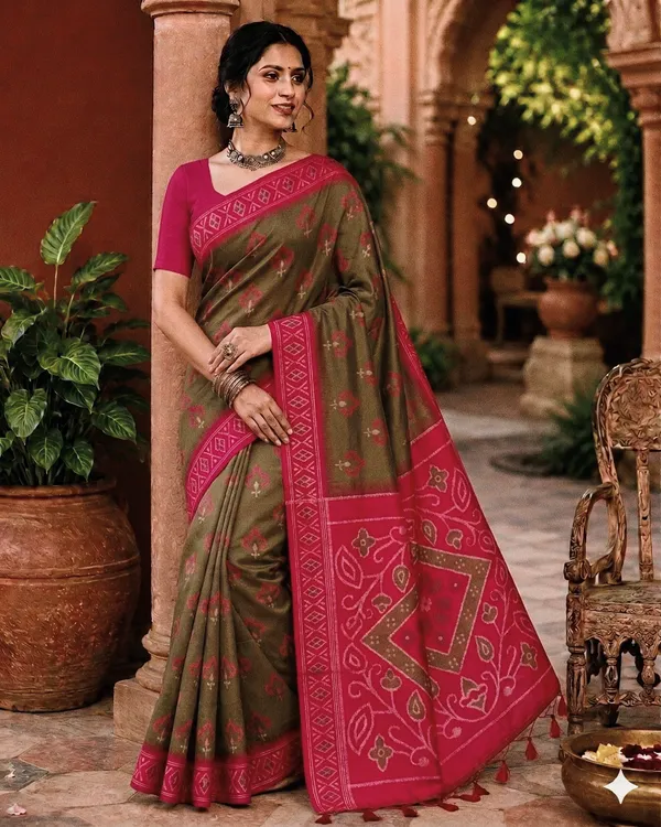 Olive_Green_And_Pink_Silk_Patola_Print_Saree_For_Women
