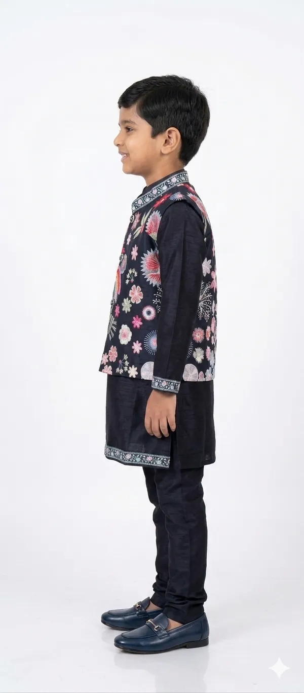 Navy_Blue_Cotton_Floral_Embroidered_Nehru_Jacket_Kurta_Set_For_Boys