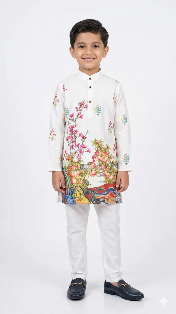 White_Cotton_Floral_Print_Straight_Kurta_Pyjama_Set_For_Boys