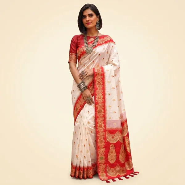 White_And_Red_Silk_Zari_Woven_Banarasi_Saree_For_Women