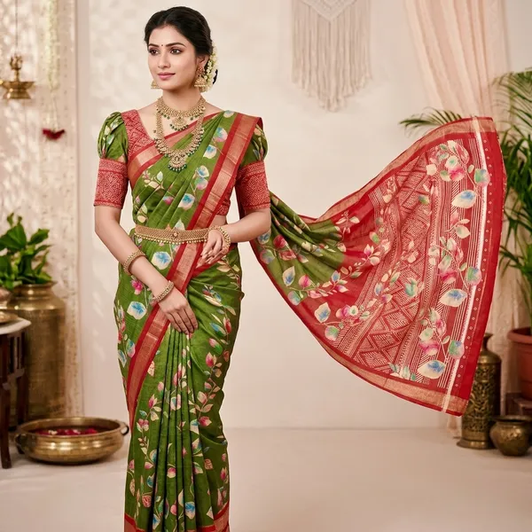 Green_Silk_Floral_Print_Saree_With_Red_Border_For_Women