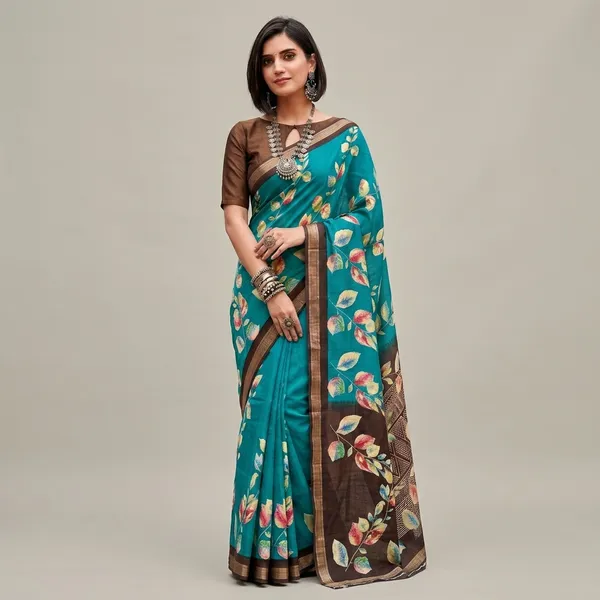 Teal_Silk_Floral_Print_Saree_With_Brown_Border_For_Women