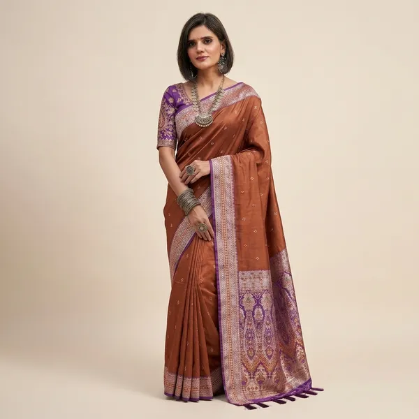 Rust_Silk_Woven_Booti_Ikat_Border_Saree_For_Women