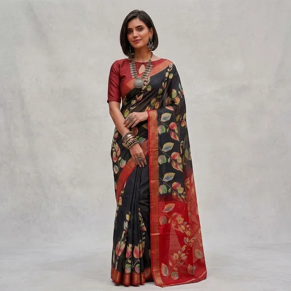 Black_Silk_Floral_Print_Saree_With_Red_Border_For_Women