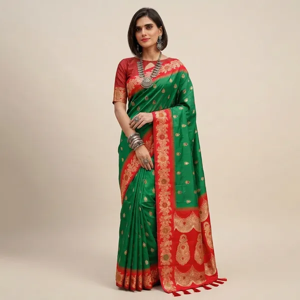 Green_And_Red_Silk_Zari_Woven_Red_Border_Banarasi_Saree_For_Women