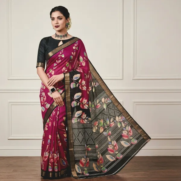 Magenta_And_Black_Silk_Floral_Print_Zari_Border_Saree_For_Women