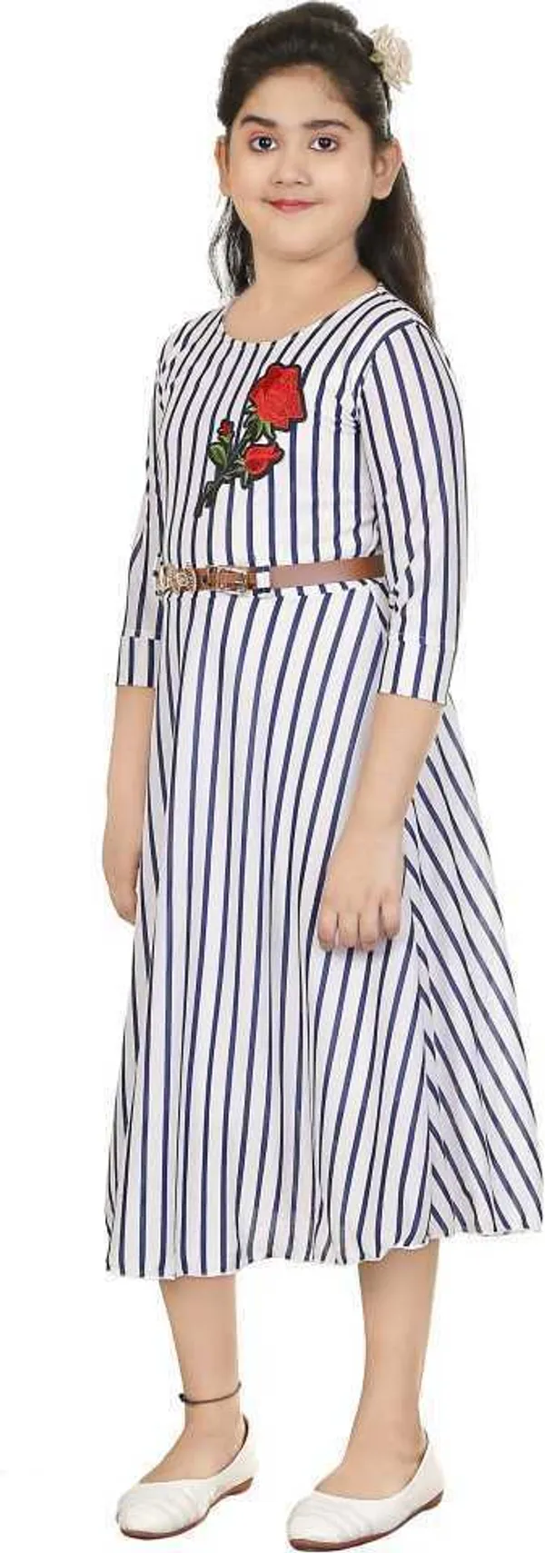 White_And_Blue_Striped_Fit_And_Flare_Midi_Dress_For_Girls