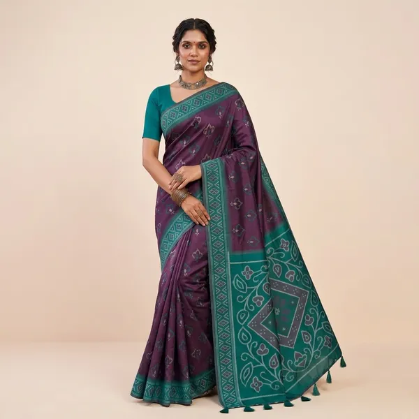 Purple_And_Blue_Silk_Bandhani_Print_Saree_With_Green_Border_For_Women