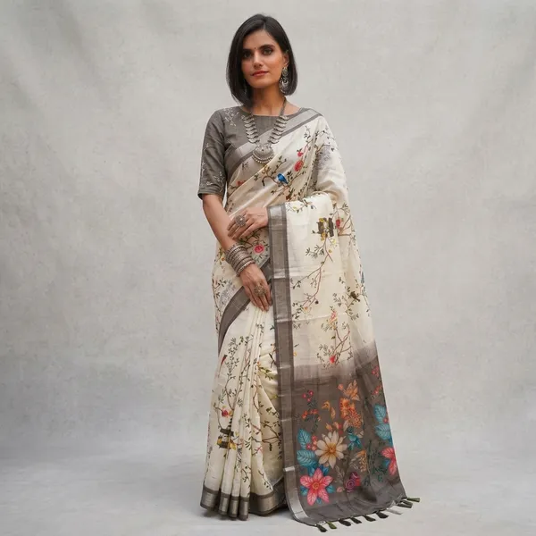 Off_White_Handloom_Linen_Floral_Print_Saree_With_Grey_Border_For_Women