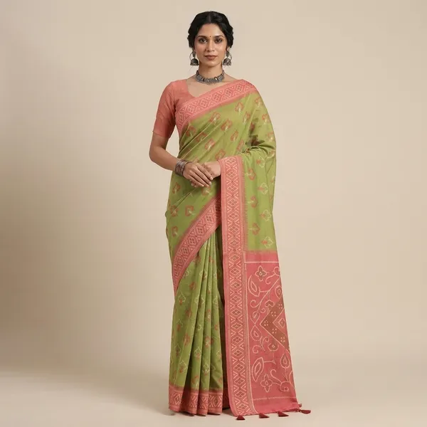 Green_Silk_Bandhani_Print_Saree_With_Pink_Border_For_Women