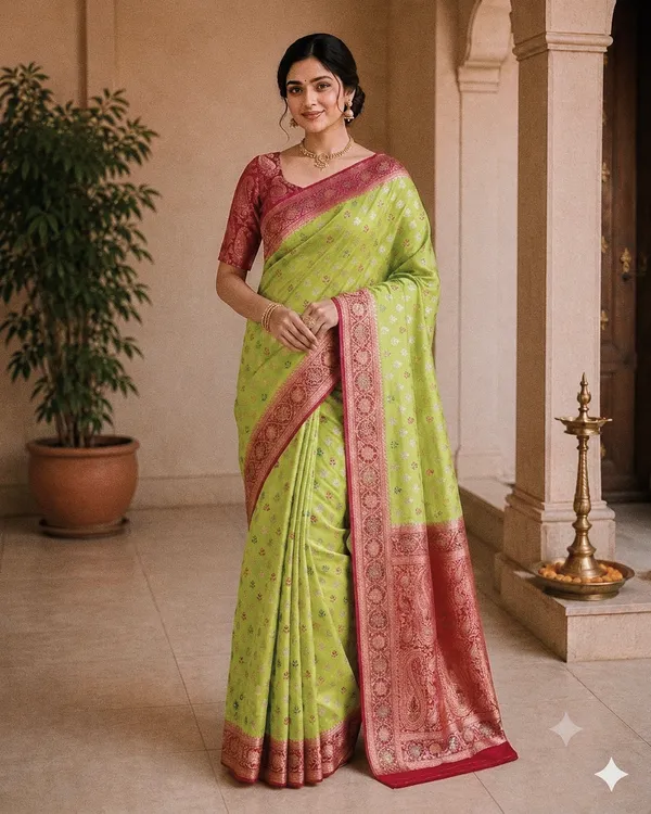 Green_Silk_Woven_Maroon_Border_Banarasi_Saree_For_Women