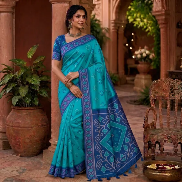 Turquoise_Blue_Silk_Bandhani_Print_Saree_For_Women