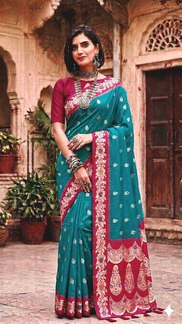 Teal_Silk_Woven_Pink_Border_Banarasi_Saree_For_Women
