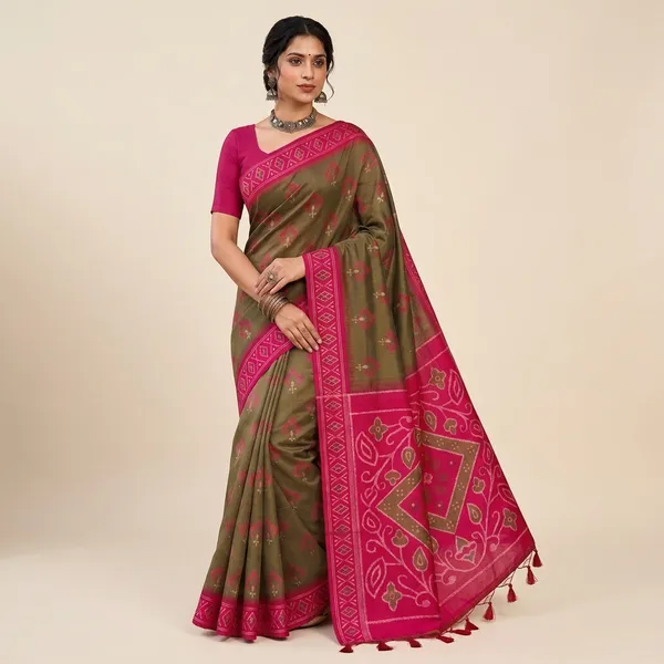 Olive_Green_And_Pink_Silk_Patola_Print_Saree_For_Women