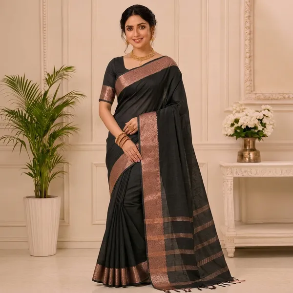 Black_Silk_Copper_Zari_Border_Saree_For_Women
