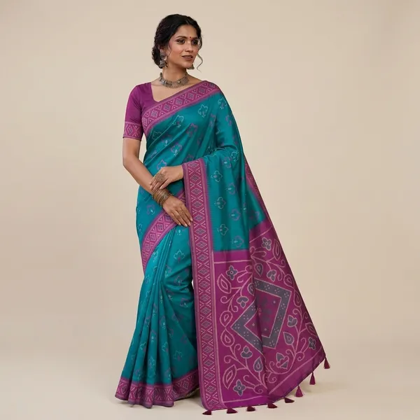 Teal_Silk_Bandhani_Print_Purple_Border_Saree_For_Women