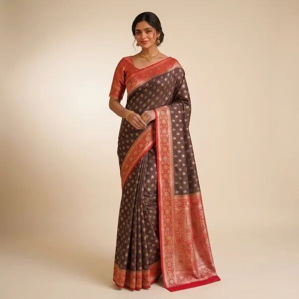 Brown_And_Red_Silk_Woven_Zari_Border_Banarasi_Saree_For_Women