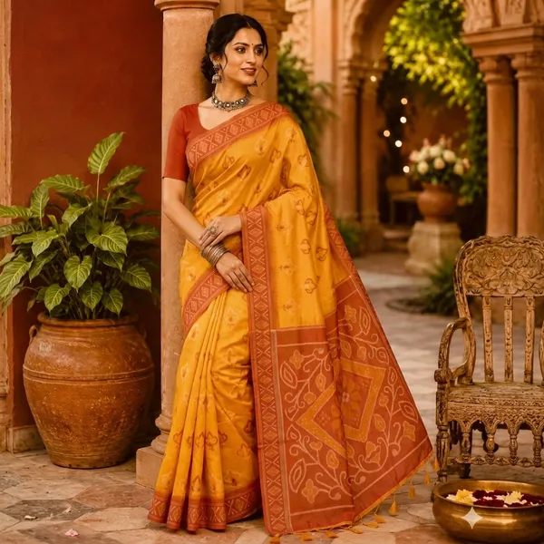 Mustard_Yellow_Silk_Woven_Rust_Border_Saree_For_Women