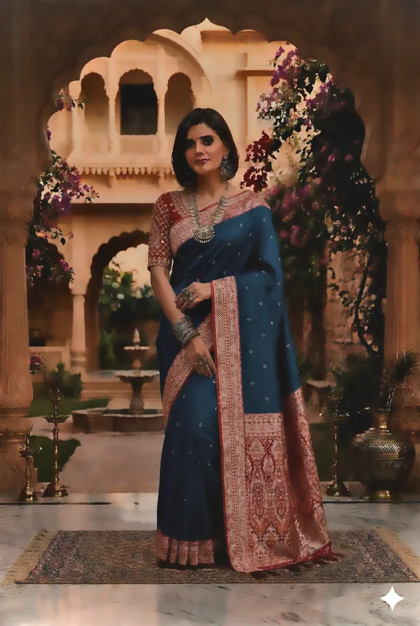 Teal_Silk_Zari_Woven_Banarasi_Saree_For_Women