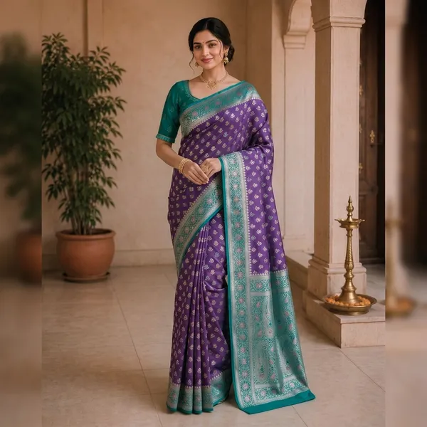 Purple_And_Blue_Silk_Woven_Teal_Zari_Border_Banarasi_Saree_For_Women