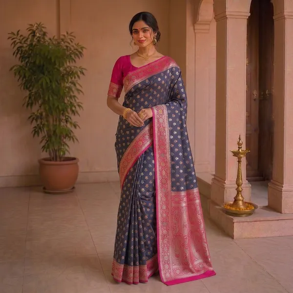 Grey_Silk_Woven_Pink_Border_Banarasi_Saree_For_Women