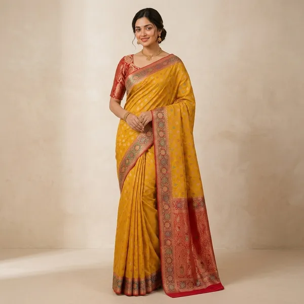 Yellow_Silk_Woven_Red_Border_Banarasi_Saree_For_Women