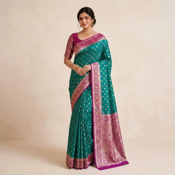Teal_Silk_Woven_Magenta_Border_Banarasi_Saree_For_Women