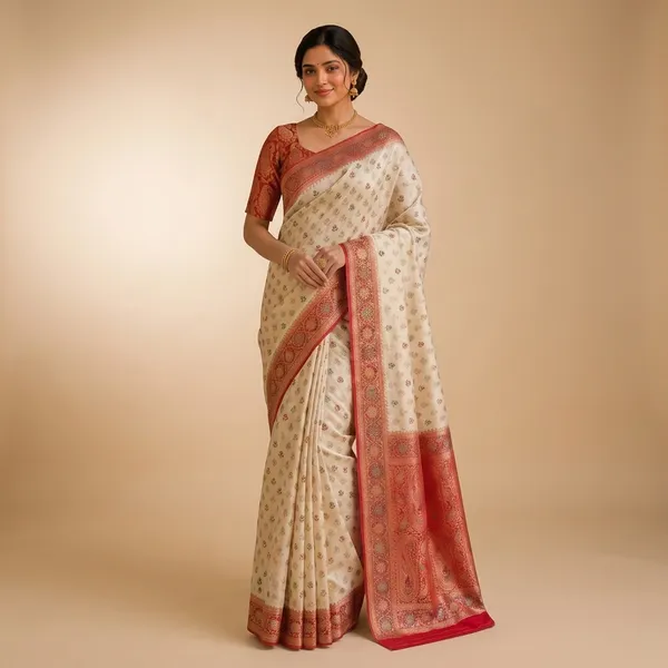 Off_White_Silk_Woven_Red_Border_Banarasi_Saree_For_Women