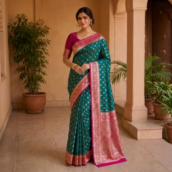 Teal_Silk_Woven_Pink_Border_Banarasi_Saree_For_Women
