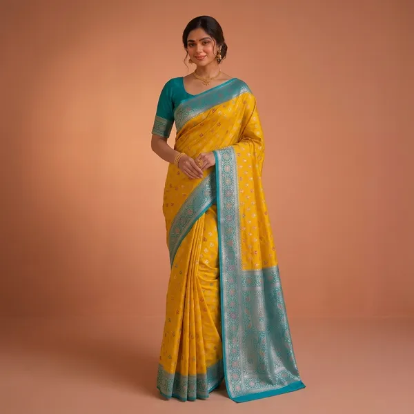 Yellow_Silk_Woven_Teal_Zari_Border_Banarasi_Saree_For_Women