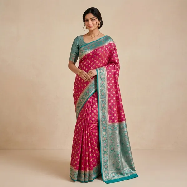 Pink_Silk_Woven_Teal_Border_Banarasi_Saree_For_Women