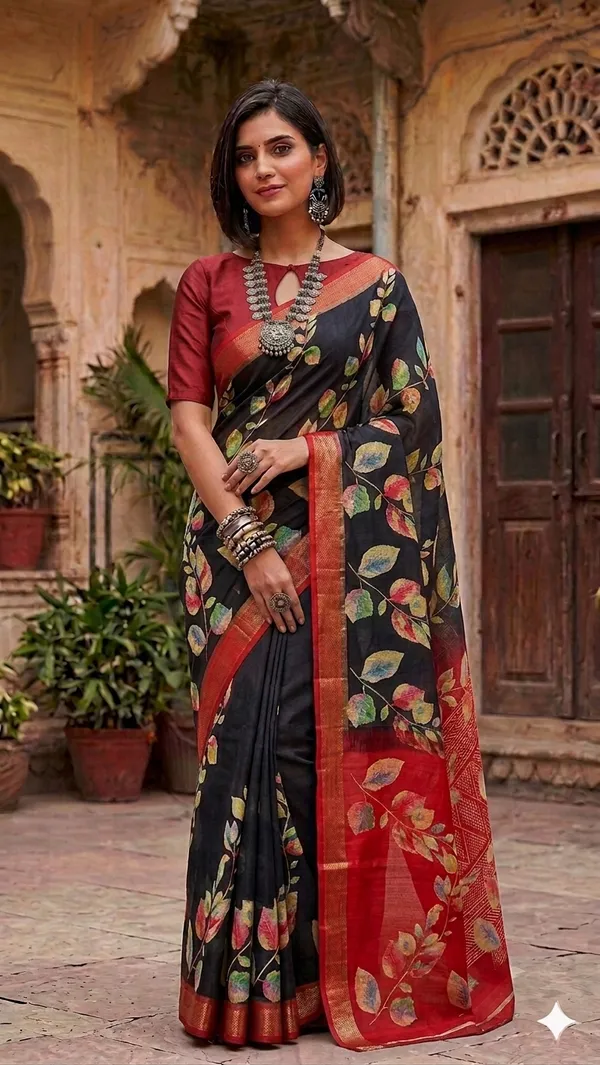 Black_Silk_Floral_Print_Saree_With_Red_Border_For_Women