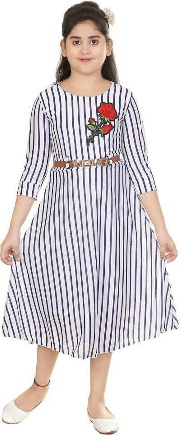 White_And_Blue_Striped_Fit_And_Flare_Midi_Dress_For_Girls