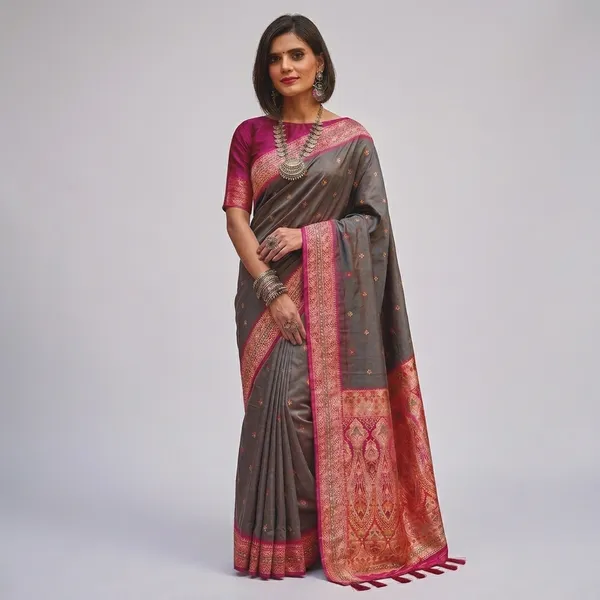 Grey_Silk_Zari_Woven_Border_Banarasi_Saree_For_Women
