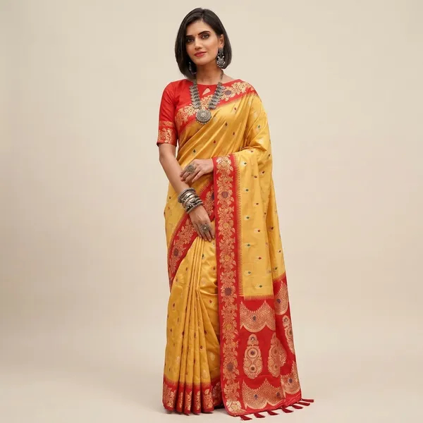 Yellow_Silk_Woven_Red_Zari_Border_Banarasi_Saree_For_Women