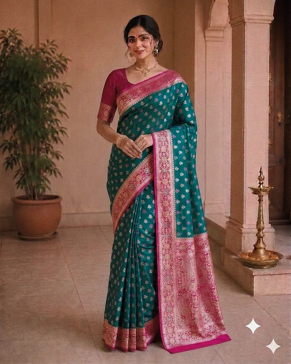Teal_Silk_Woven_Pink_Border_Banarasi_Saree_For_Women