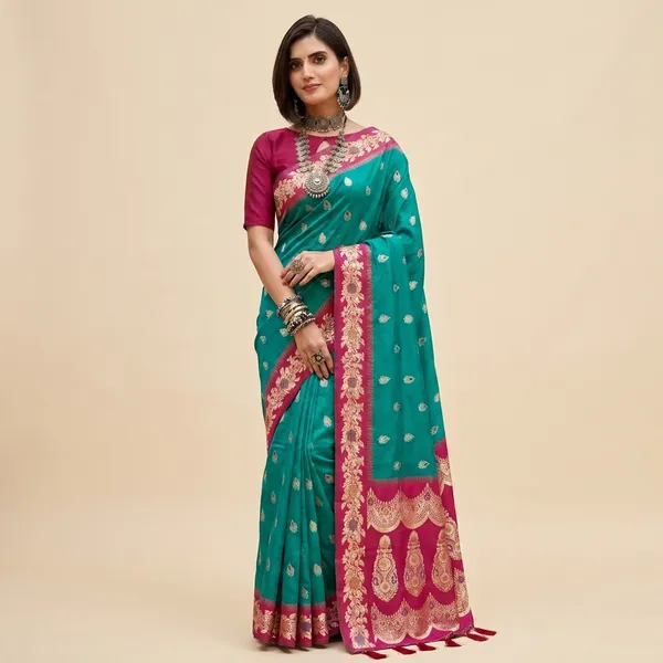 Teal_Silk_Woven_Pink_Border_Banarasi_Saree_For_Women