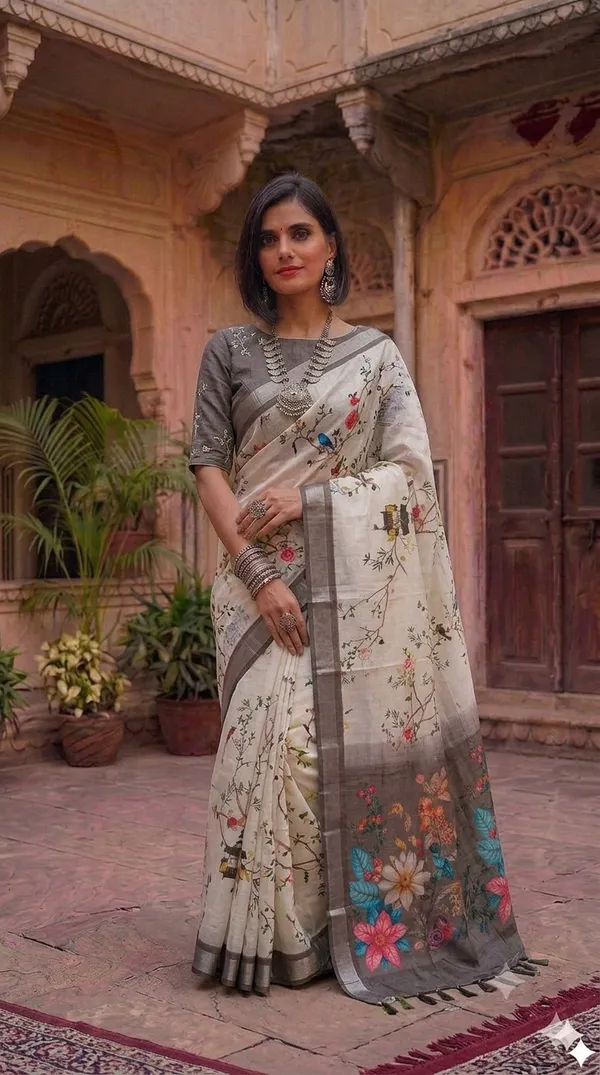 Off_White_Handloom_Linen_Floral_Print_Saree_With_Grey_Border_For_Women
