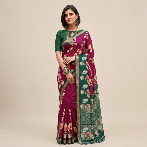 Maroon_And_Green_Silk_Floral_Print_Zari_Border_Saree_For_Women