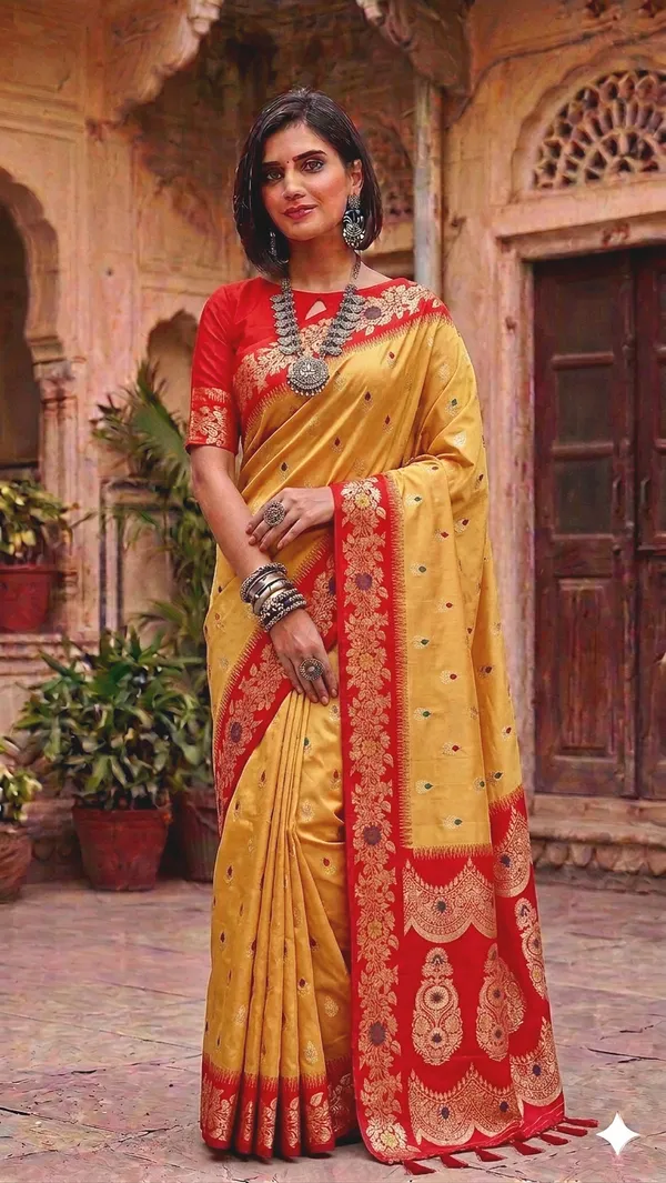 Yellow_Silk_Woven_Red_Zari_Border_Banarasi_Saree_For_Women